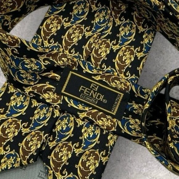 FENDI Silk Tie ITALY Black Gold Baroque W:4" EUC - Picture 2 of 5